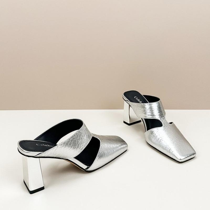 Fashion 2025 Summer New Women's Sandals Natural Leather 22-24.5cm Cracked Cowhide Sheepskin Square Toe Mules High Heel Women Shoes