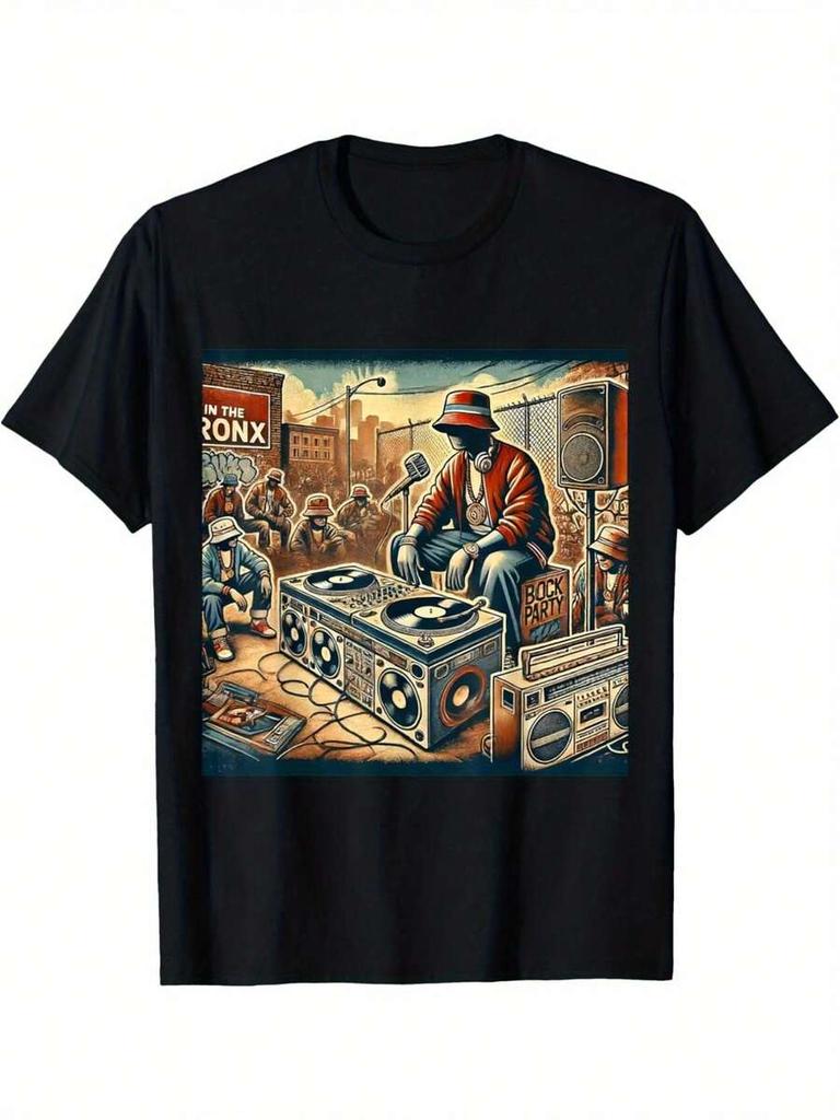 Unisexs Black Cotton Vintage DJ Hip Hop Retro Music Bronx Party TShirt Perfect For Music Enthusiasts