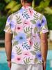 Printe Esign – Not Texture Men's Light Pink Base with Floral and Green Leaf Print Short Sleeve Shirt, Summer Casual Vacation Style Lapel Top