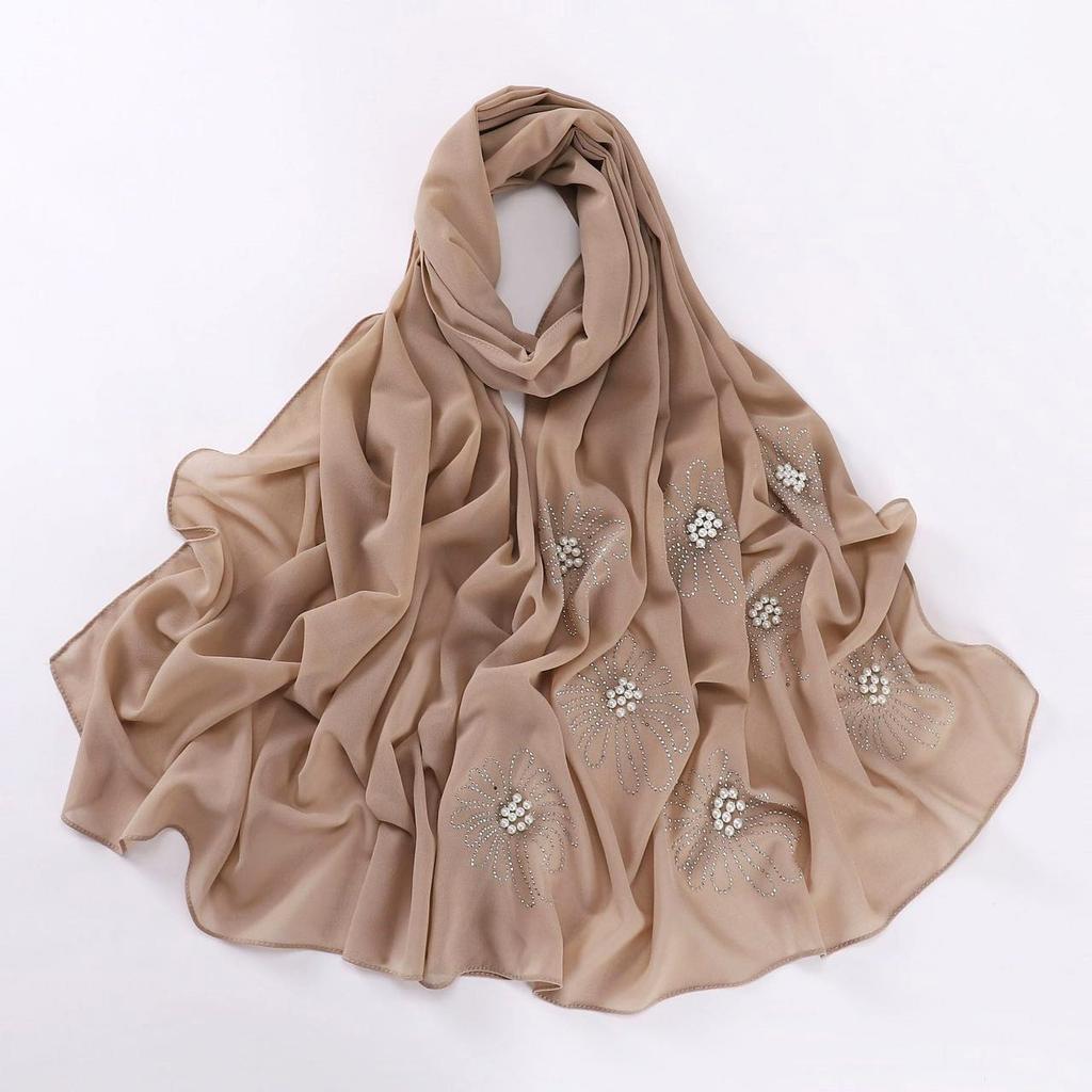 New monochrome chiffon hot diamond beads butterfly scarf female minority yarn headscarf straight hair