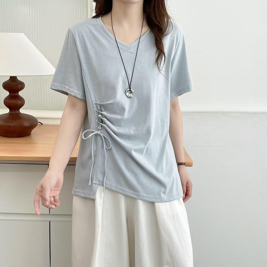 Women's Irregular Beaded Drawstring Waist Loose Short-Sleeve T-Shirt