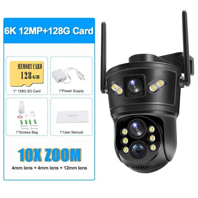 6K 12MP WiFi IP Outdoor Three Lens 10X Zoom PTZ Auto Tracking Home Security Protection 4K Video Camera