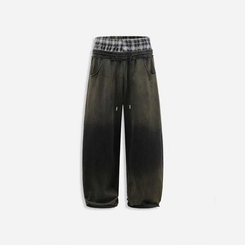 Double Waistband Distressed Loose Sweatpants Streetwear Plaid Patchwork Drawstring Wide Leg Trousers