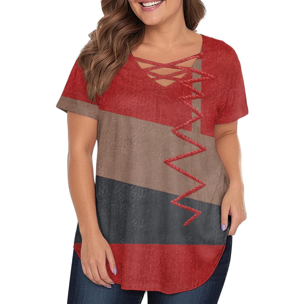 Women's Fashion Casual Printed V-Neck Short Sleeve Large Size T-Shirt Top