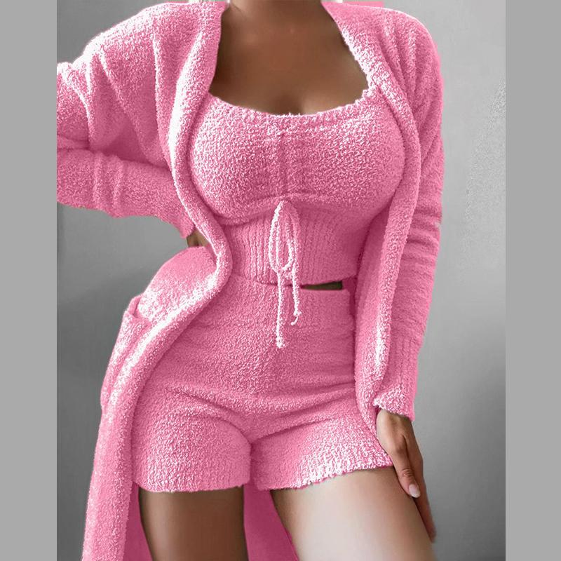 

3 предмета однотонной пижамы женские осенние бархатные кружевные укороченные топы шорты костюм кардиганы пальто модные удобные пижамы шорты комплекты 2XL розовый