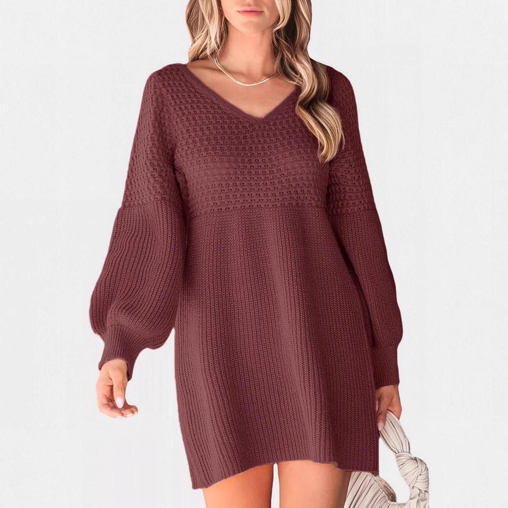 Rochie Tricotată Retro cu Mâneci Lanternă și Decolteu în V - Stil European și American de Toamnă/Iarnă