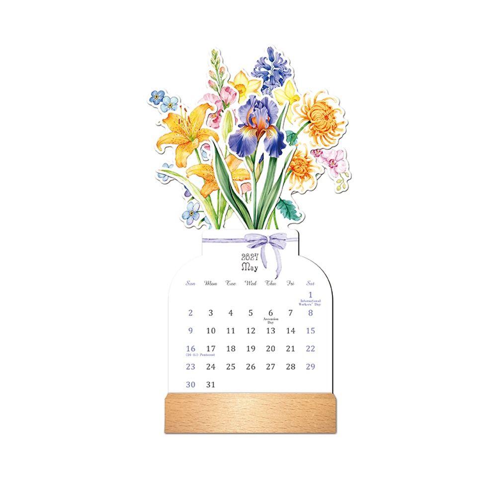 Wooden Base Bloomy Flowers Desk Calendar Floral Floral Desk Calendar  New Year