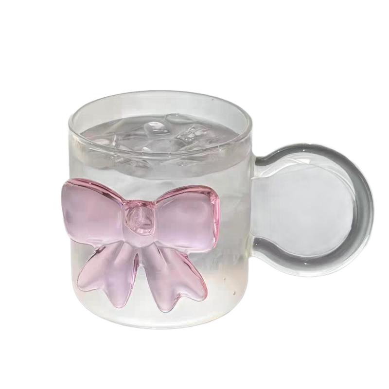 Pink Large Bow Glass Decor Glass Cup Bow Handle Glasses Heat-Resistant High Borosilicate Dessert Ice Cream Bowl Party Favours