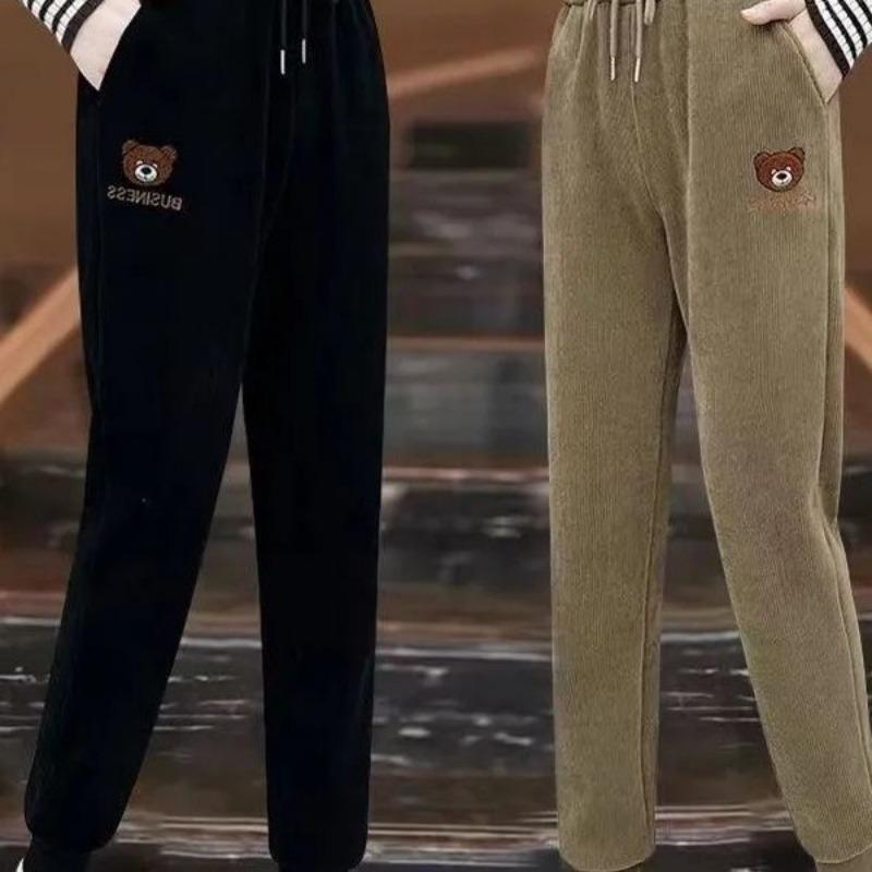 Fleece thickened sweatpants women's autumn and winter high-waisted leggings slim bear embroidered corduroy casual sweatpants