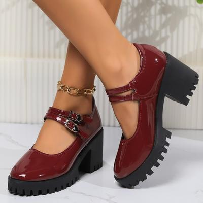 Mary Jane Women's Shoes High Heels Fashion Patent Leather Single Shoes Casual Belt Buckle Pumps Round Head Platform Loafers