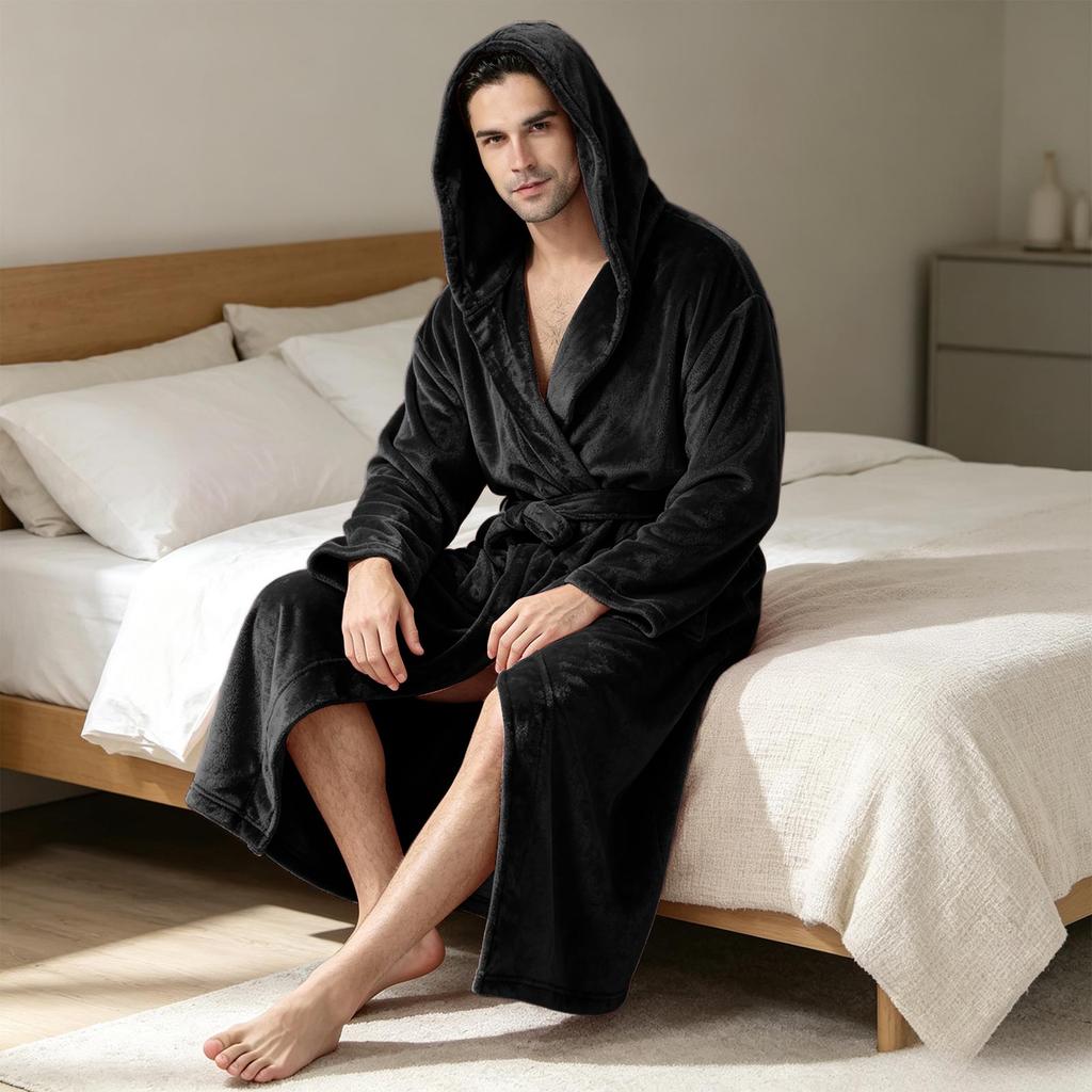 Halat de baie plușat cu glugă pentru bărbați, cu buzunare - Halat moale de spa pentru relaxare, îmbrăcăminte de noapte