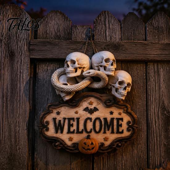 Haunted House Supplies Halloween Wooden Welcome Sign, Spooky Skull Frog Crow Witch Door Hanger, Hanging Plaque 2D Wall Sign for Home Party Decor