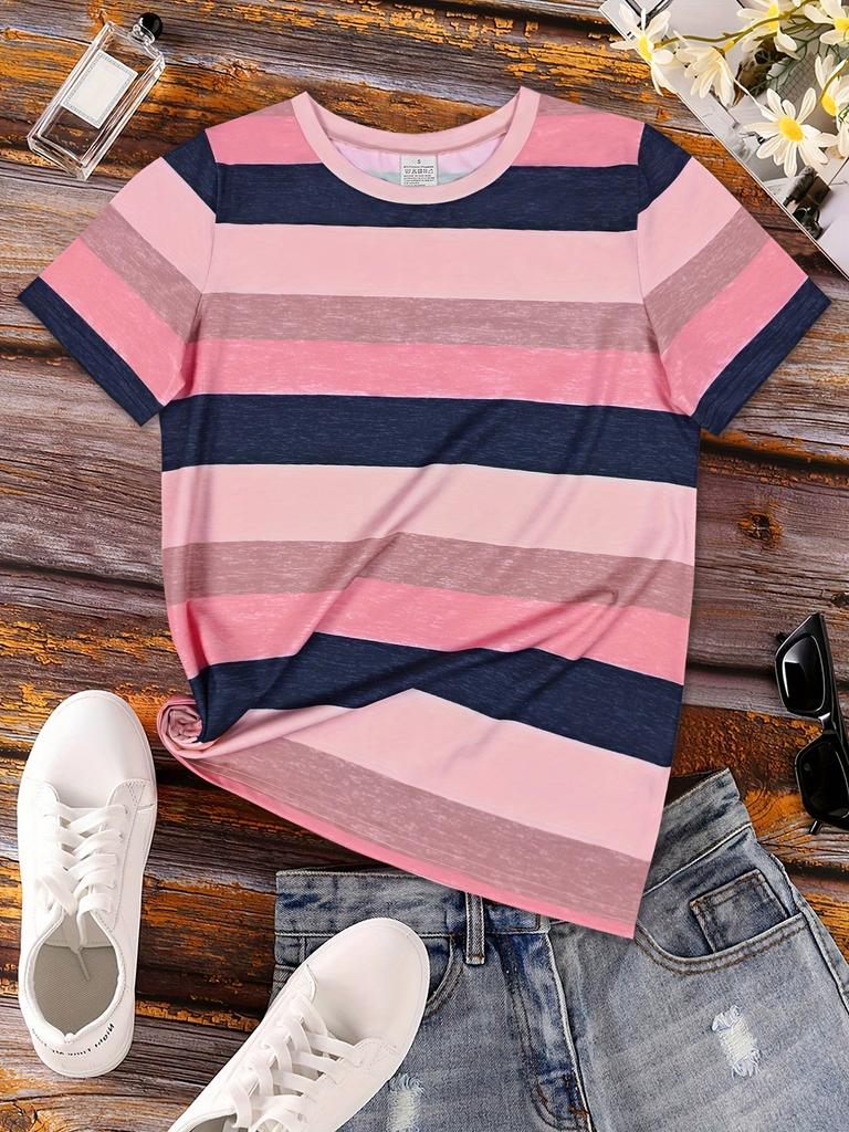 Rainbow Striped Women T Shirt Oversized Clothes Trend Casual Short Sleeve Crew Neck T Shirts Summer Lady Tees Daily Soft Wear