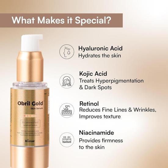 Brinton Obril Gold Hautserum mit Hyaluronsäure, Retinol und Kojisäure | Dermatologisch getestet | Alle Hauttypen | Für Männer und Frauen - 30ml