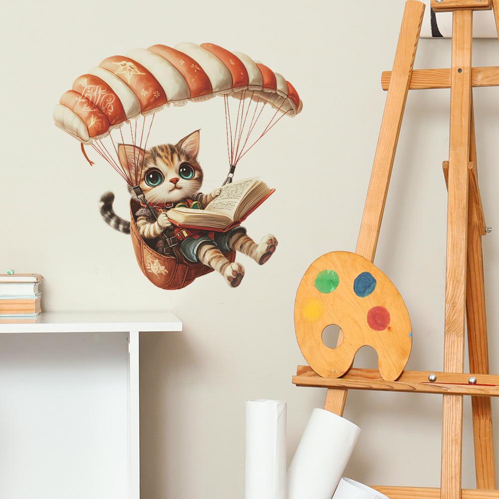 Cartoon Cute Cat Paragliding Wall Sticker Self-Adhesive Removable Bedroom Living Room Hallway Home Decor Art