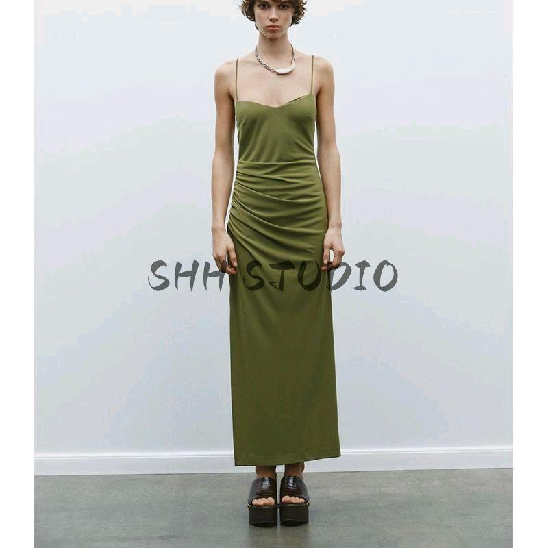 Spring New Women's Clothing French Style Casual V-neck Ruched Decorative Midi Skirt Sleeveless Sling Dress 2158262