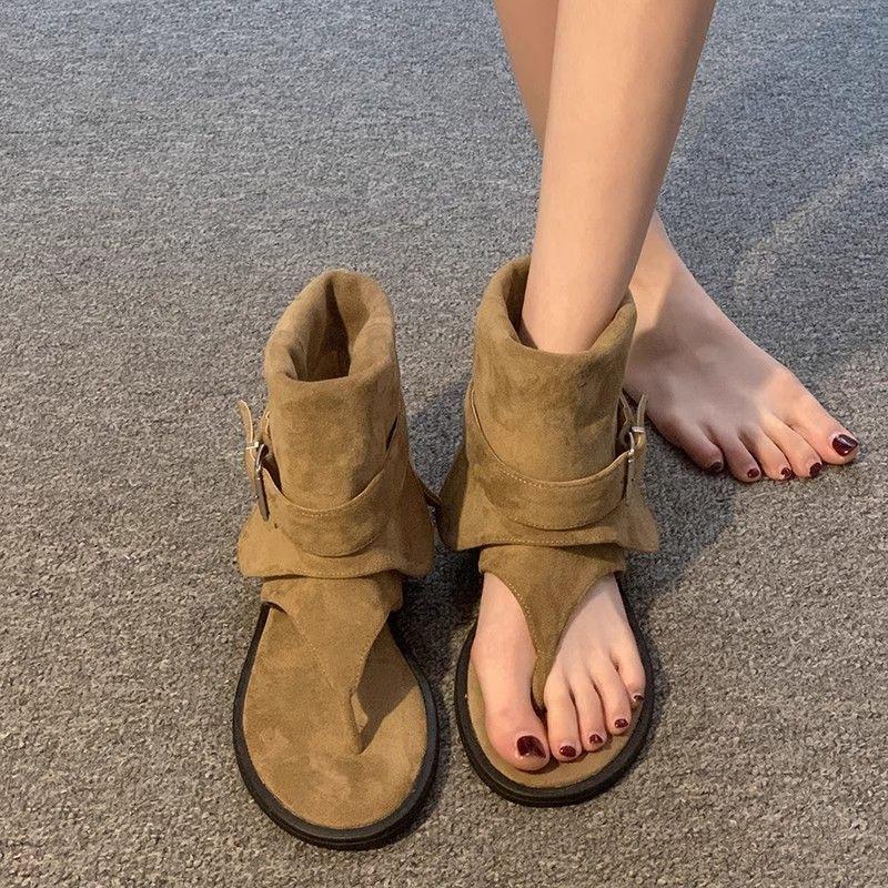 Französische Flip-Flops Damen Flachboden Cool Boots tragen 2025 neu Retro Flachboden Temperament Ärmelhose Kurze Stiefel