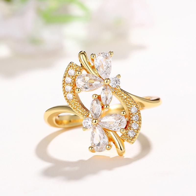 Gold Plated Marquise CZ Floral Jewelry Set Clip on Earrings Open Adjustable Ring Women Luxury Wedding Jewelry Set