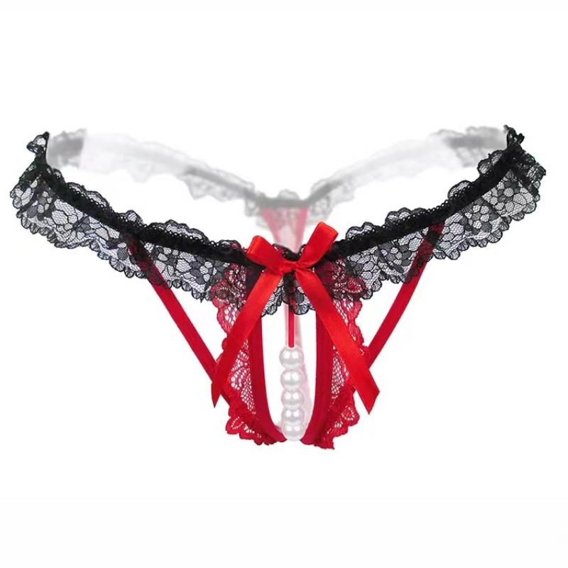 Plus Size Lingerie Women Lace Briefs Pearl Beading Panties For Sex Open Crotch Thongs G Strings Transparent Underwear