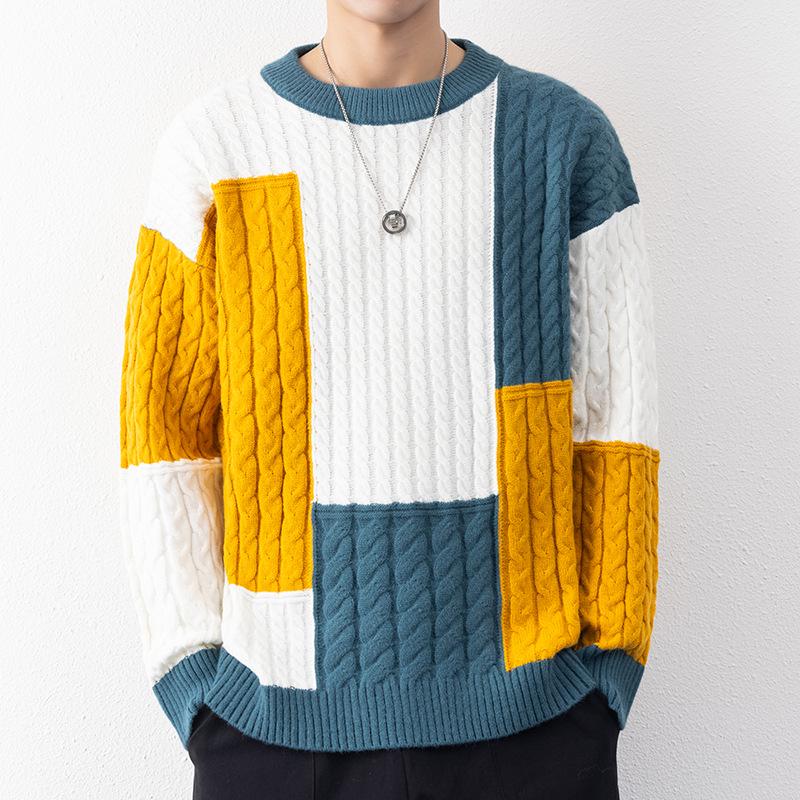 Men's Retro Color Block Slim Fit Sweater - Youthful Lazy Style Round Neck Knitwear Top for Autumn and Winter