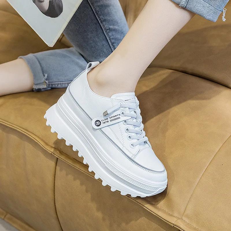 White Shoes Genuine Leather Platform Wedge Shoes Chunky Sneaker White Casual Shoes Comfortable Breathable Spring Autumn Shoes