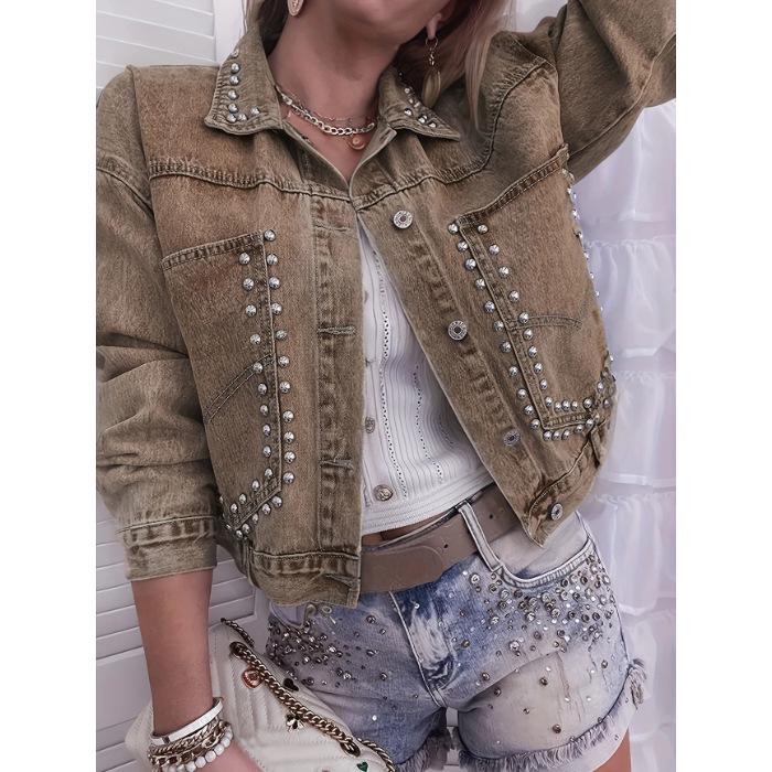 New Arrival Women s Plus Size Beaded Stretch Denim Top Jacket 2XL светло-коричневого