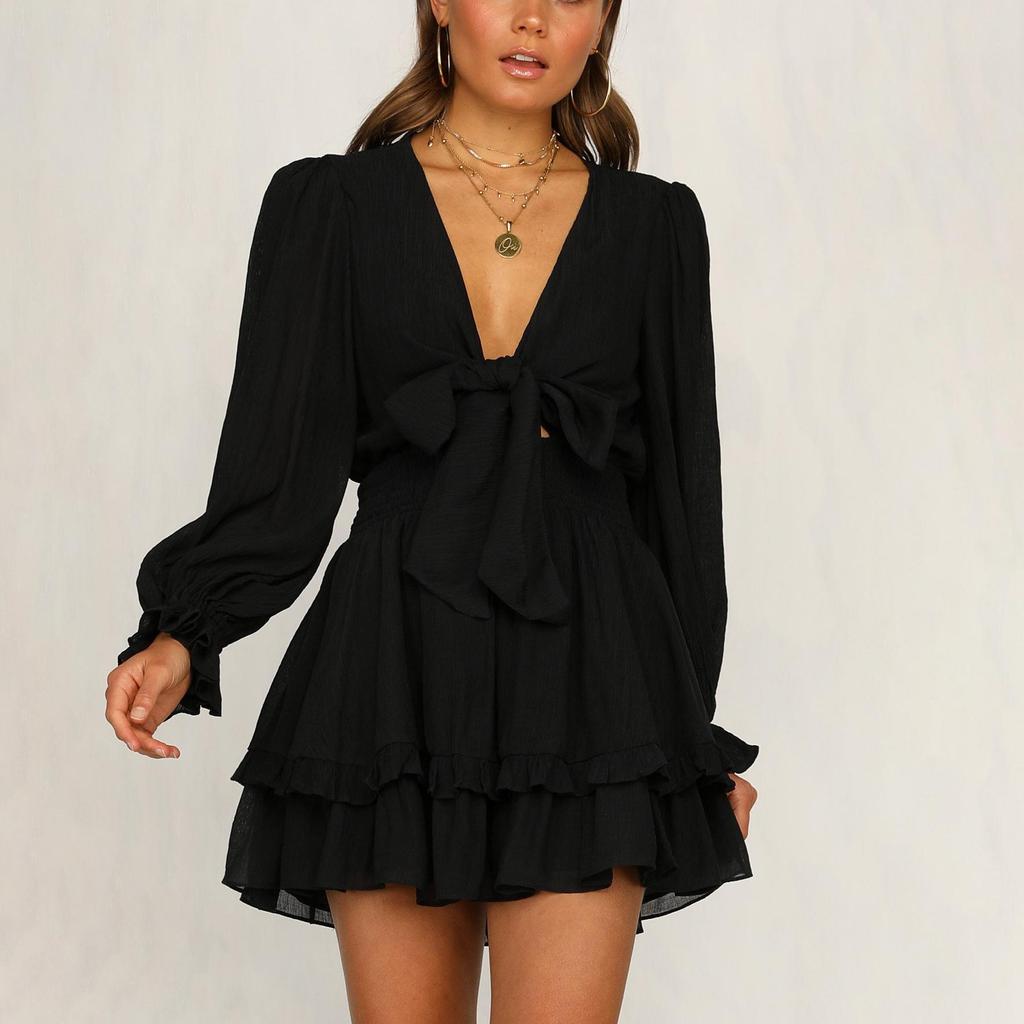 Spring & Autumn V-Neck Long Bubble Sleeve Lace-up Ruffle Dress