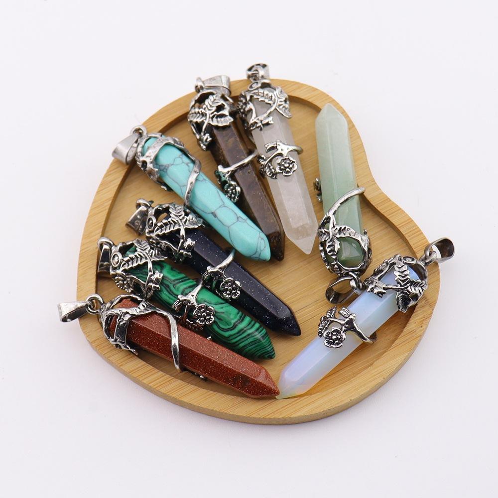 Natural Stone Bullet Crystal Single Pointed Hexagonal Column Pendant Rose Plum Necklace N761
