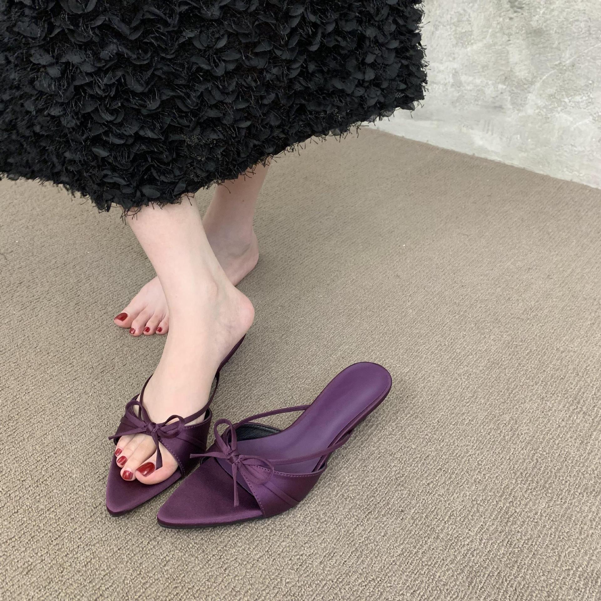 

2025 summer new rhinestone mesh pointed fish mouth high heels thin heel sexy word outside wear cool slippers half drag 35