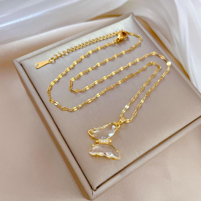 Zircon Butterfly Light Luxury Banquet Wedding Necklace Women'S Versatile Collarbone Chain Titanium Steel Chain