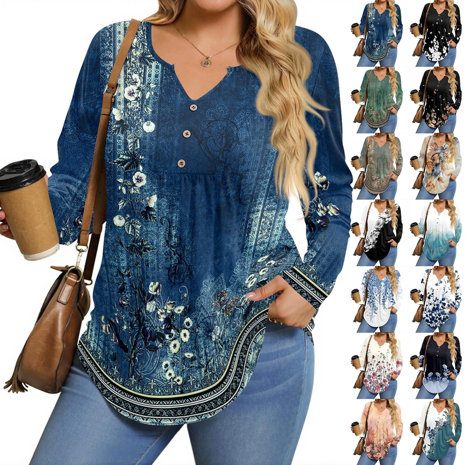

Womens Plus Size Long Sleeve Shirts V Neck Tunic Tops Basic Loose Fit Tee Tops XL небо синє кольору