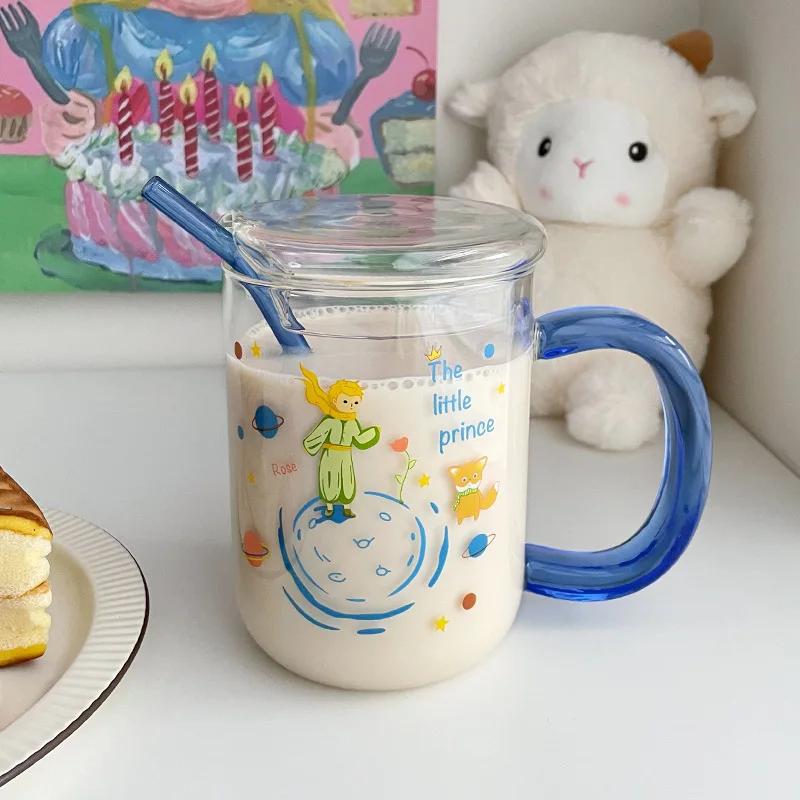 

800 мл Большая стеклянная кружка с соломинкой, анимация, мультфильм Маленький принц, офисные кружки для чая, сока, молока, чашки для подогрева рук 800ml