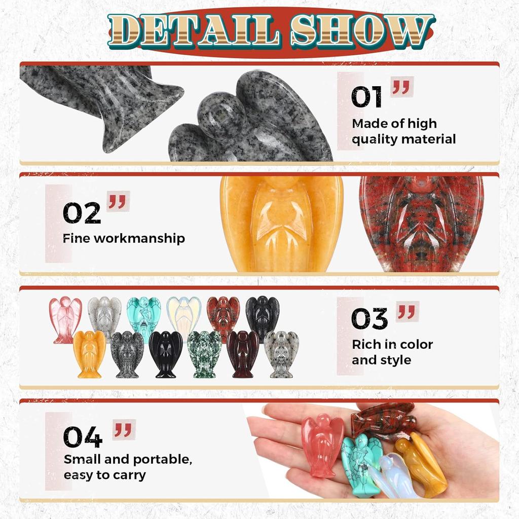 Nuenen 12 Pieces Crystal Angel Figurines Bulk Guardian 1.5 Inch Angel Statue Stones Gemstones Crystals Carved Stones for Easter Decor Gifts Home