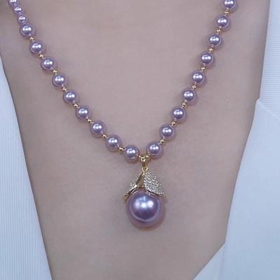 Elegancki Fioletowy Naszyjnik Choker z Koralików i Diamentów z Perłami Lekki Luksusowy Temperament Wysokiej Klasy Kolczyki