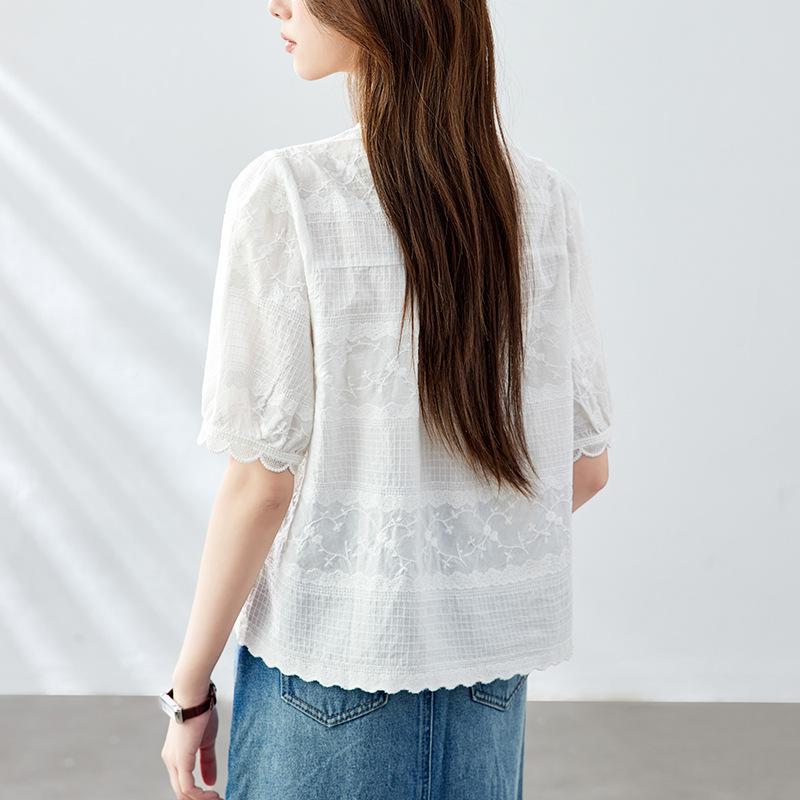 Round Neck Embroidered Shirt for Women Short Sleeves Summer New Short Top Small Cotton Shirt