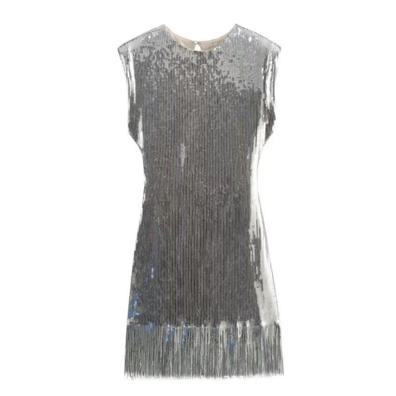 

European American Women s Clothing Summer Fashionable Sleeveless Beaded Tassel Mini Dress XS серебряный