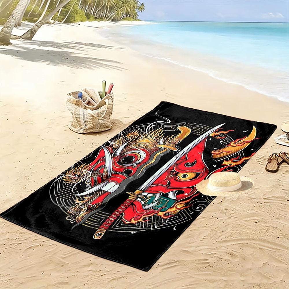 Fiery Mask Warrior Essence Print Beach Towel, Quick Drying, Suitable for Travel, Outdoor Sports, Jogging, the Beach and Swimming, Gift