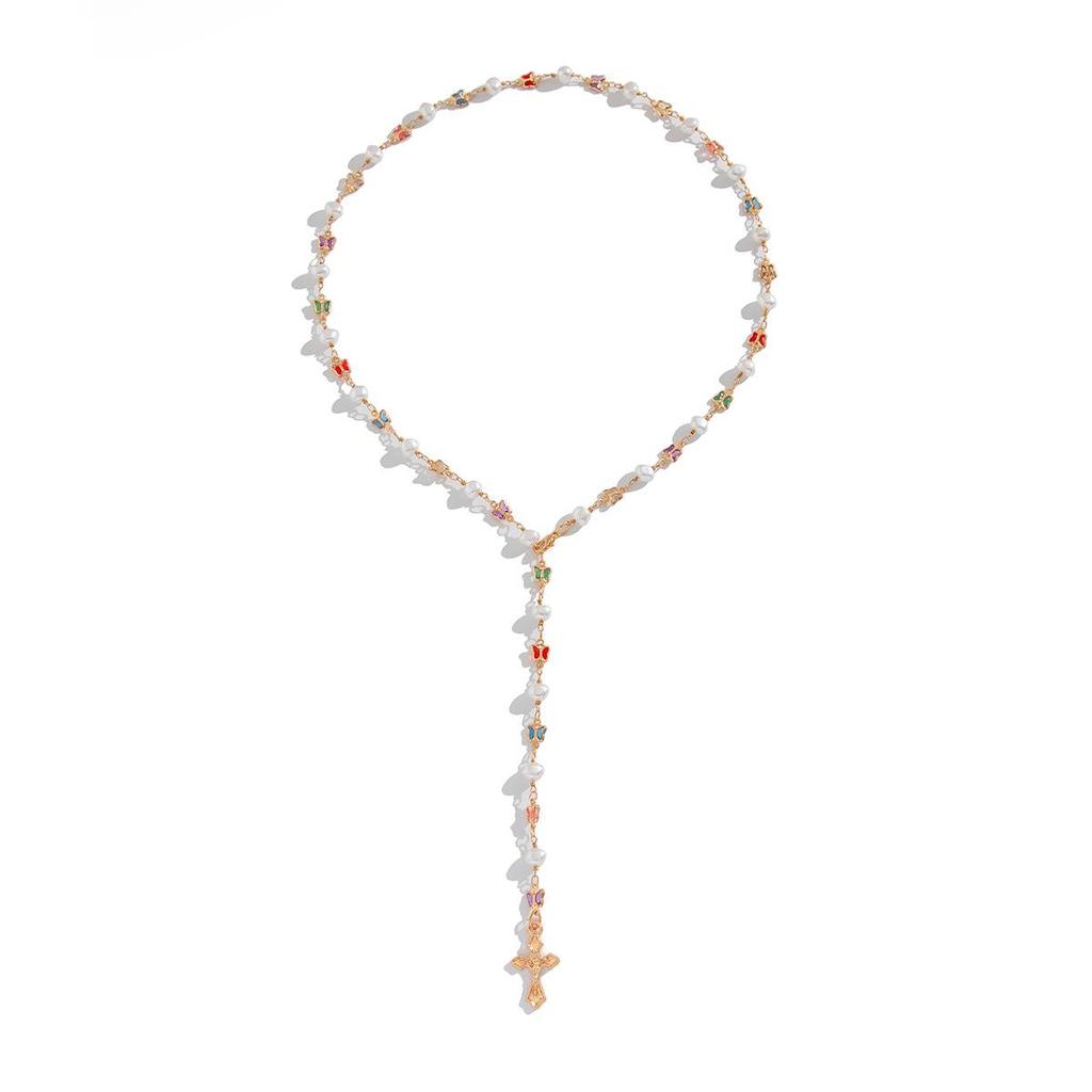 European & American Sweet Style Pearl Inlaid Y-Chain Necklace with Fresh Cross Alloy Design