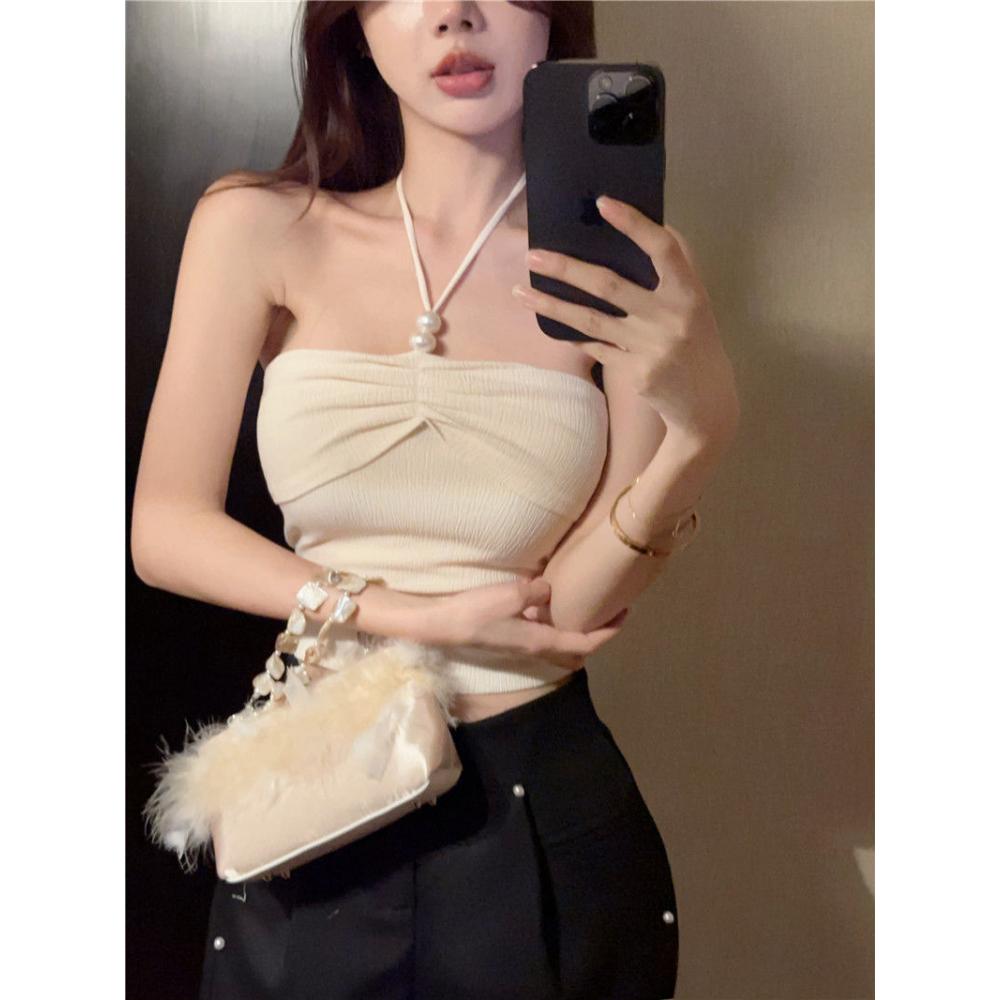 Pearl Neckline Tube Top Women Slim Fit Design Short Shirt
