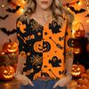 Women's Casual Halloween Print V Neck Three Quarter Sleeve Top Lightweight Comfortable Fit Seasonal Shirt for Everyday Wear