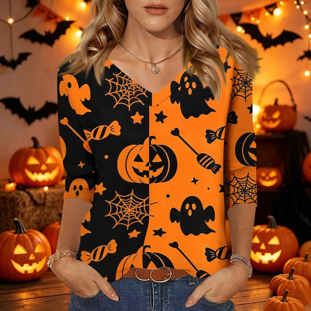 Women's Casual Halloween Print V Neck Three Quarter Sleeve Top Lightweight Comfortable Fit Seasonal Shirt for Everyday Wear