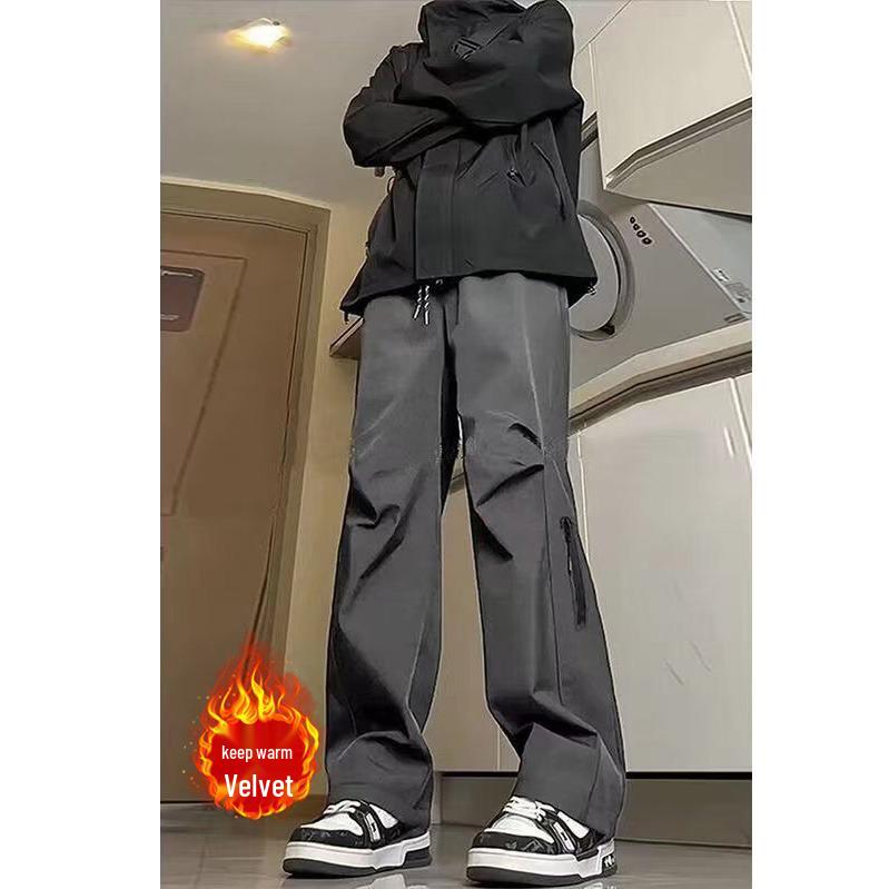 

Men s Fleece-Lined Waterproof Windproof Pants - Autumn/Winter Solid Color Casual Drawstring 3XL сірий колір