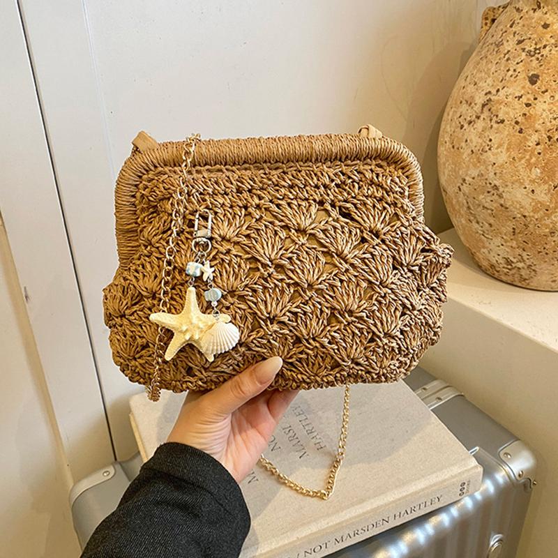 Yogodlns Women Straw Shoulder Bag Chain Strap Woven Crossbody Bags Large Capacity Cloud Clutch Purse Stylish Solid Color Beach Handbags