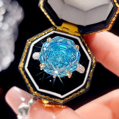 Product Jewelry Copper Bottom Gold Plated Simulation Rose Cut Sea Blue Light Luxury Ring Women 14 * 14
