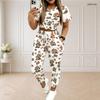 Damen Übergröße Weiß Bedrucktes Zweiteiliges Set Rundhals Kurzarm Oberteil Hose mit Kordelzug und Bündchen mit Taschen