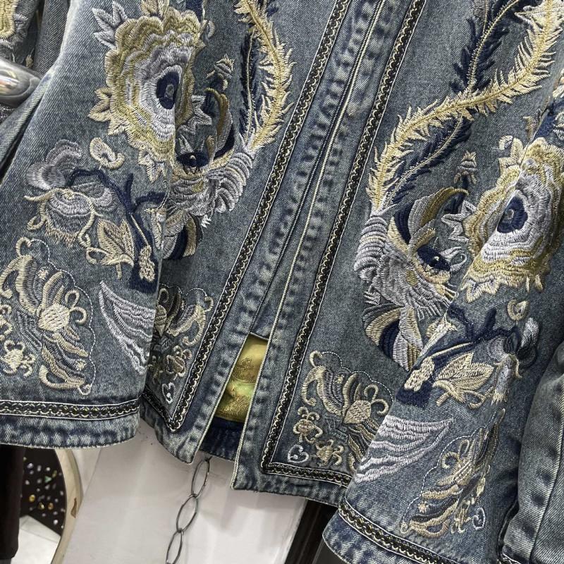 2026 Womens Denim Jacket Color Block Splicing Embroidered Streetwear Single-Breasted Long Sleeve Coat