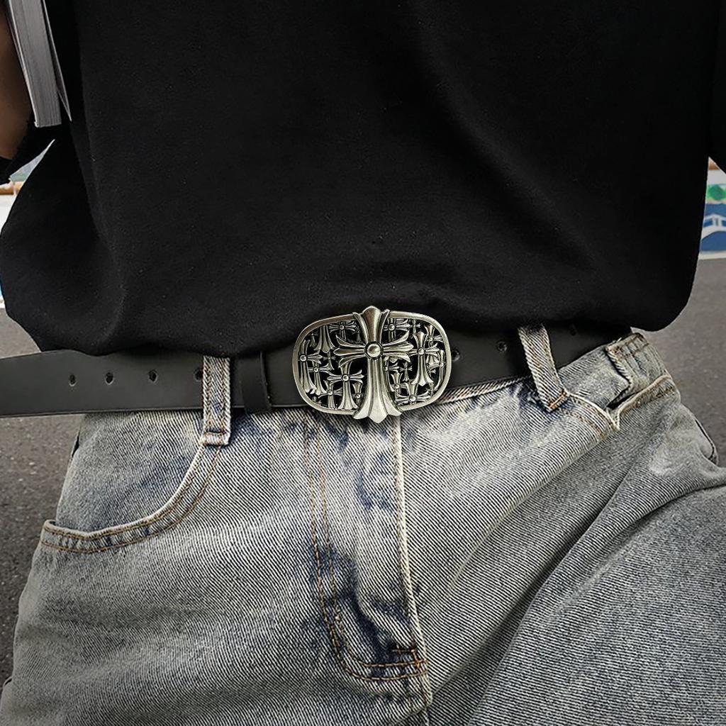 Vintage Street‑Style Denim Belt Cross‑Carved Rivet Decor Waistband Niche Subculture Fashion Belt for Daily Casual Outfits