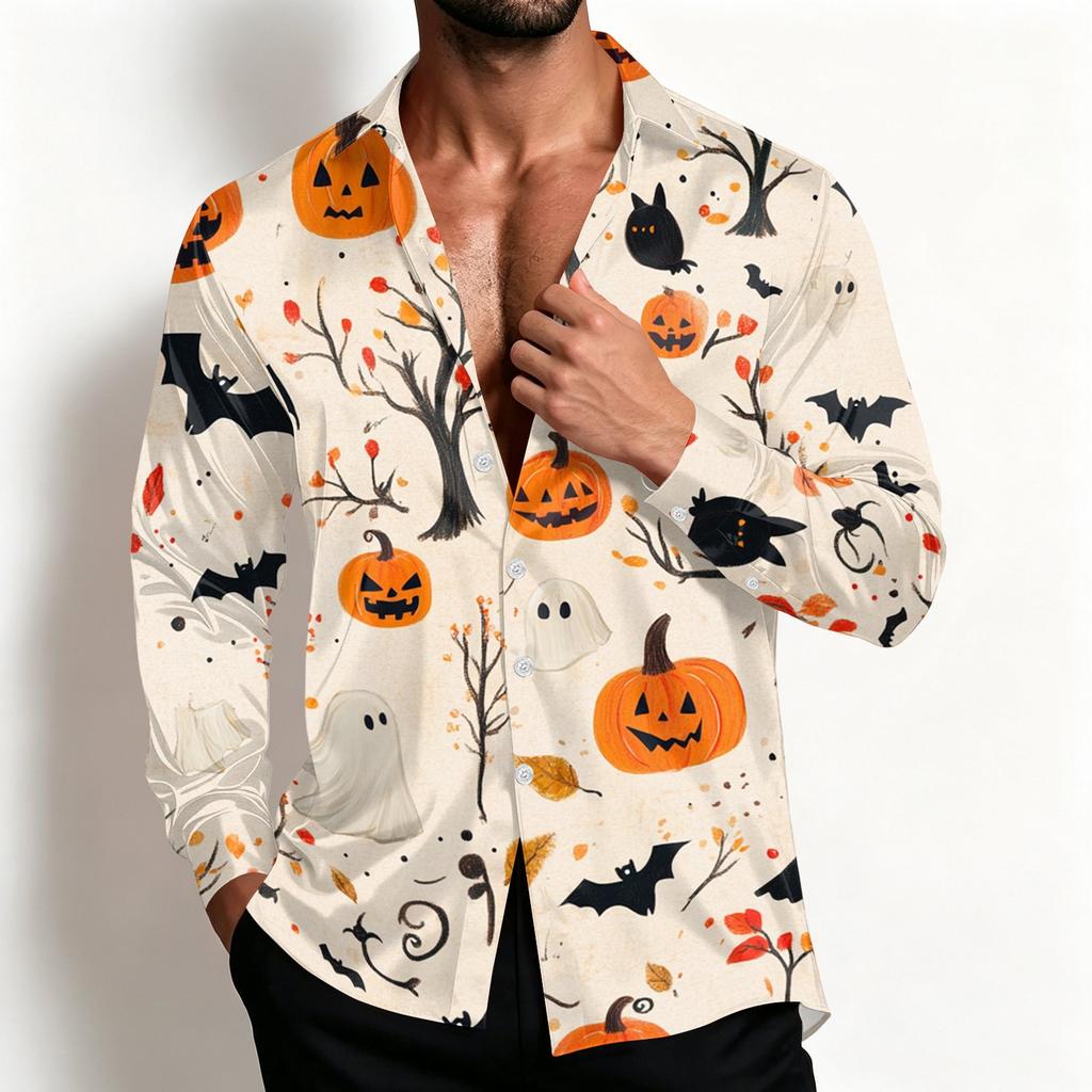 Men's Casual Halloween Shirt Jacket Loose Fit Breathable Turn-Down Collar for Spring and