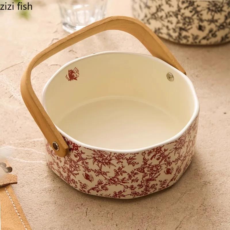 Creative Bamboo and Wood Handle Straight Edge Fruit Plate Retro Dried Fruit Plate Bread Snack Plate Specialty Ceramic Tableware