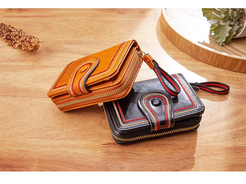 Women's Retro Oil Wax Leather Accordion Wallet with Multi-Card Slots and Zipper